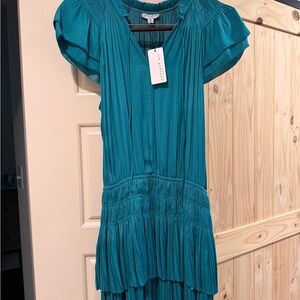 Current Air NWT! XS Teal Pleated Short Sleeve Tiered Dress